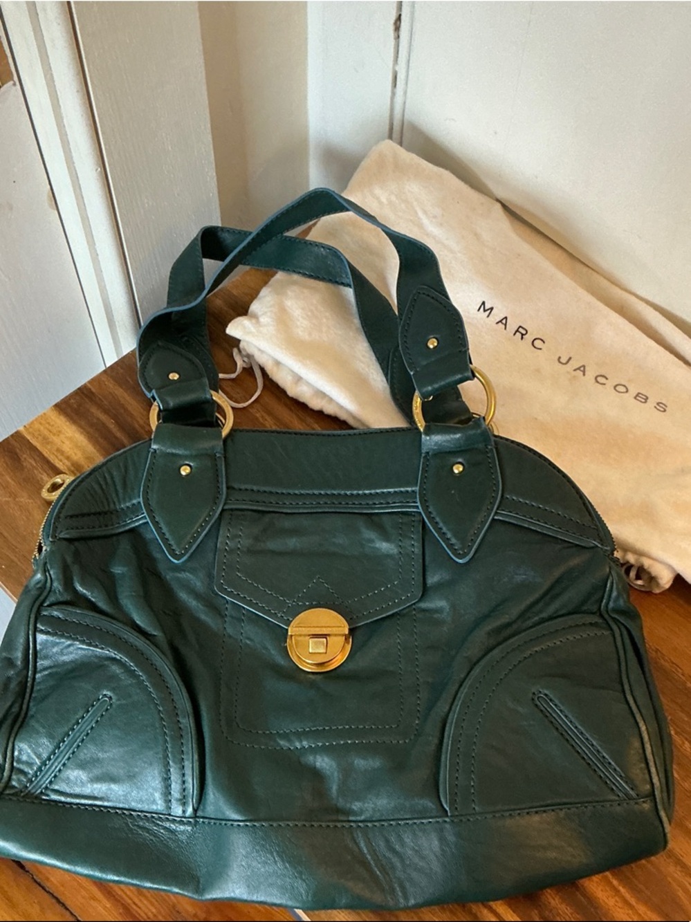 Marc by Marc Jacobs Dark Green Leather Shoulder Bag with Gold Hardware